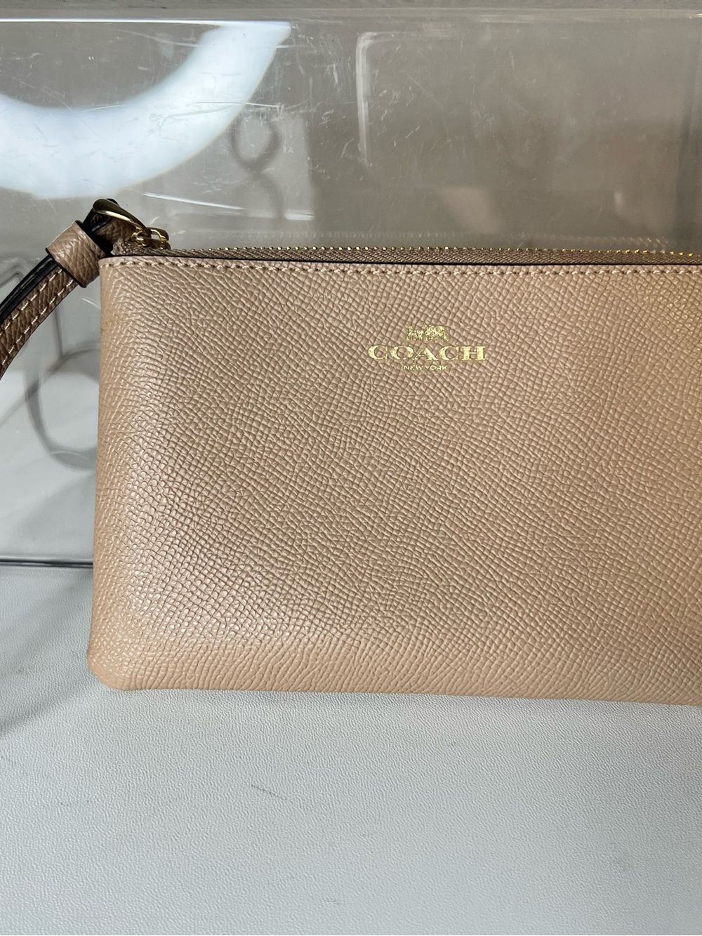 COACH Pebbled Leather Wristlet in Taupe Brown with Gold Logo